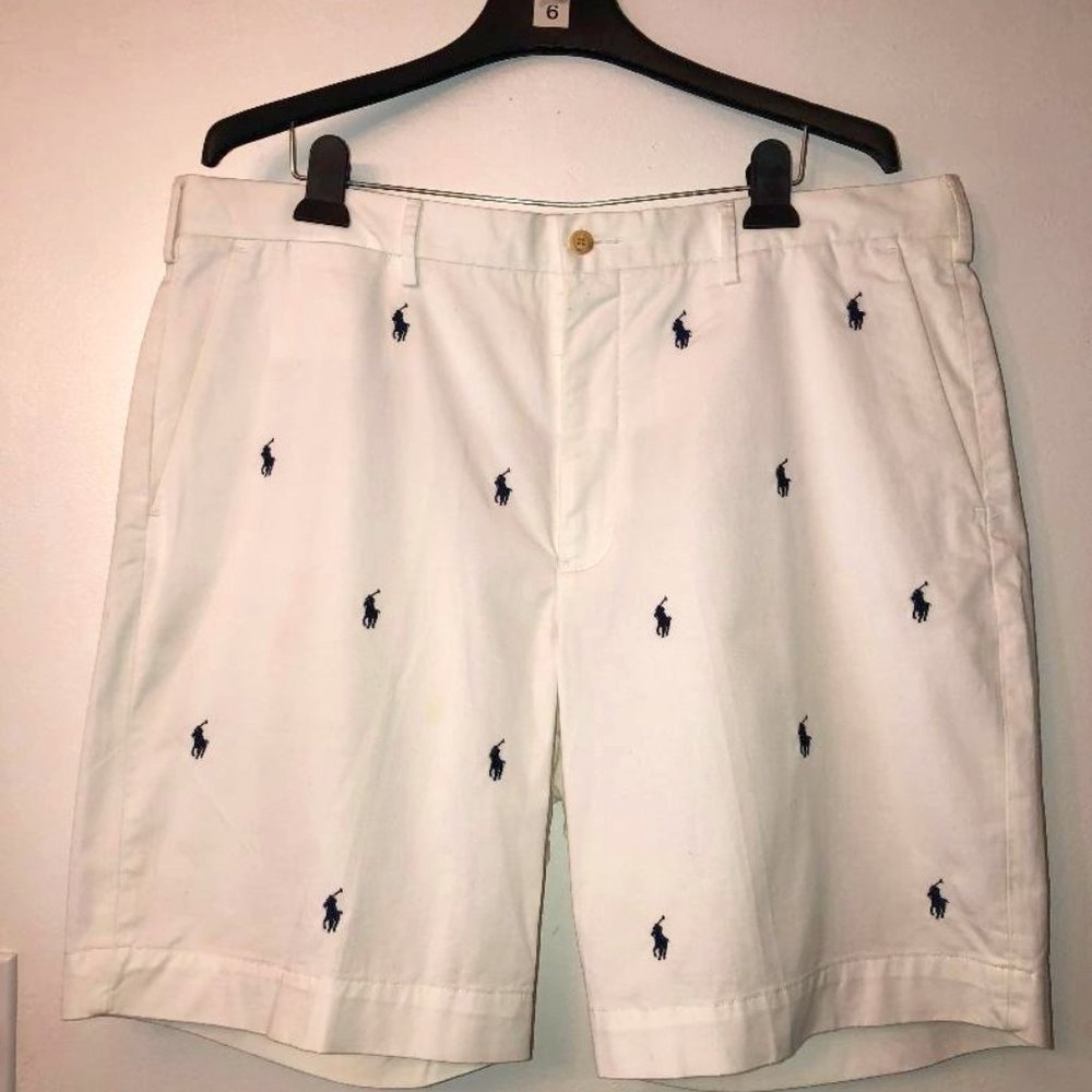 Polo Ralph Lauren Men's White with Blue Logo Shorts